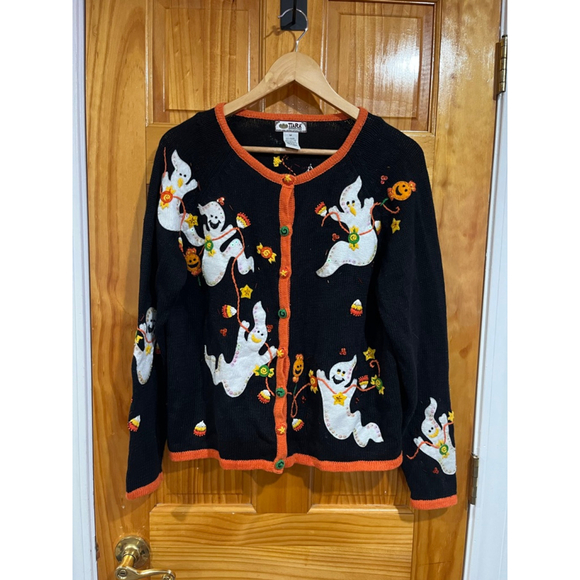 Vintage Tiara Black Embroidered Halloween Spooky Ghost Beaded Sequin Cardigan - Picture 1 of 6